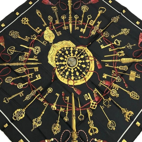 Auth HERMES Carre 90 - Black Dark yellow Bordeaux Scarf - Picture 1 of 5